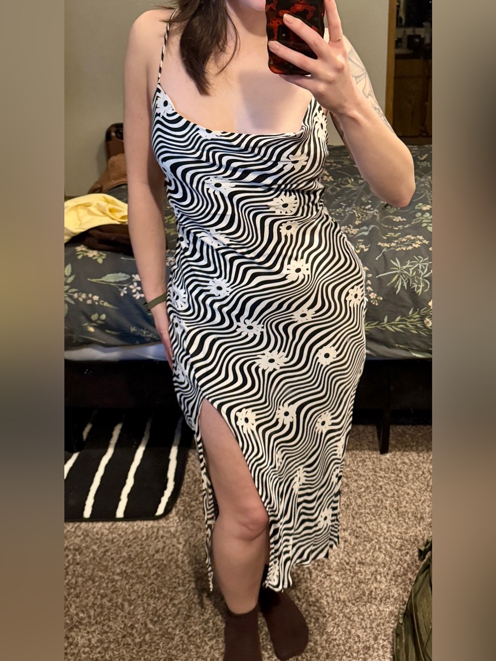 Bershka Black & White Swirl Floral Midi Dress